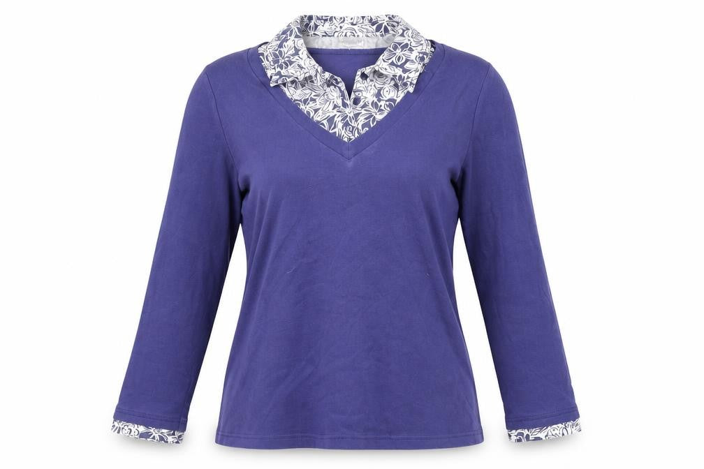 Damart Women's Blue V-Neck Cotton Top, Size M, Long Sleeve