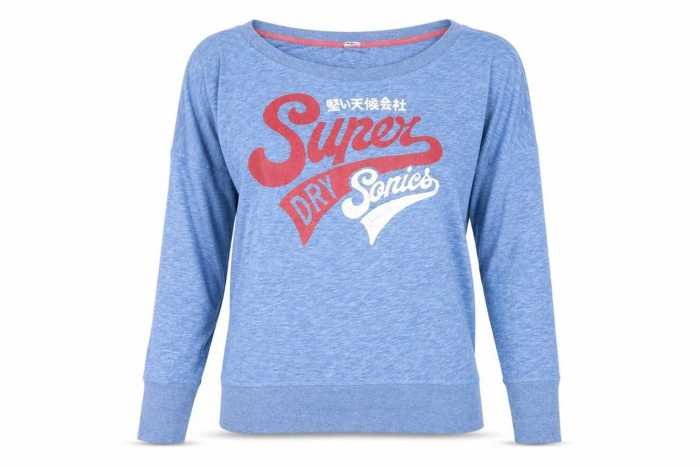 Front view of Superdry Women's Blue T-Shirt, size S, Round Neck