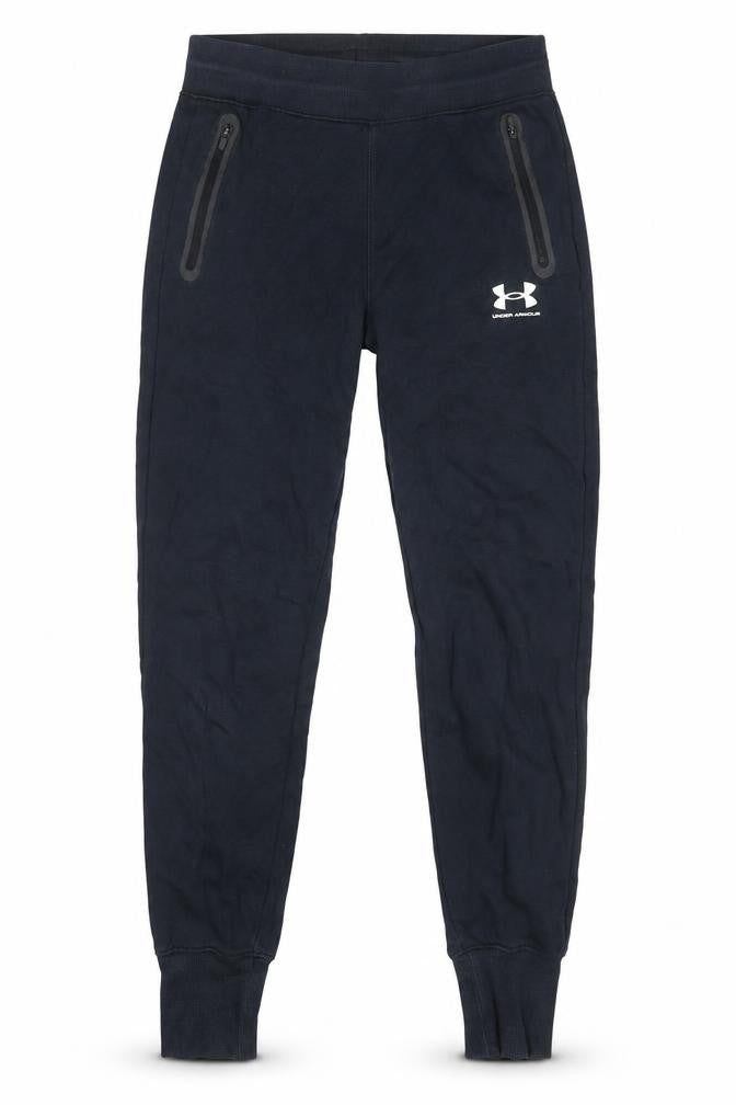 Front view of Under Armour boys’ black joggers xs, elastic waist, zip pockets