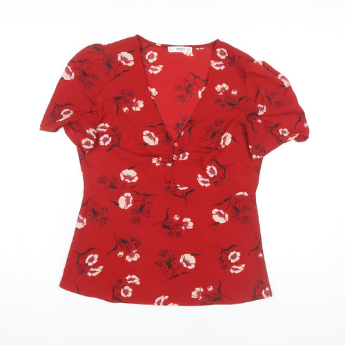 Mango Women's Red Floral Blouse V-Neck Puff Sleeve S