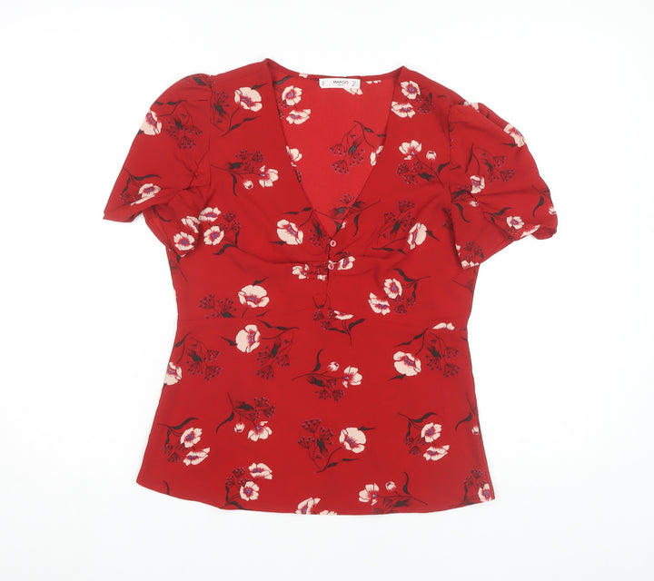 Mango Women's Red Floral Blouse V-Neck Puff Sleeve S