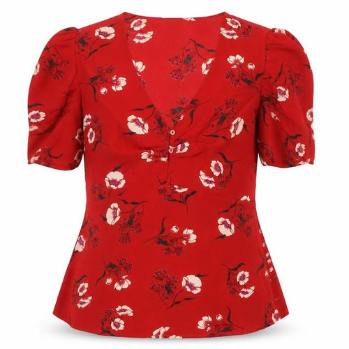Mango Women's Red Floral Blouse V-Neck Puff Sleeve S