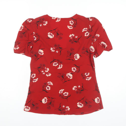 Mango Women's Red Floral Blouse V-Neck Puff Sleeve S