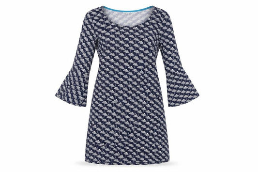 Front view of Boden Women's Blue Geometric Dress, size 8, Jersey