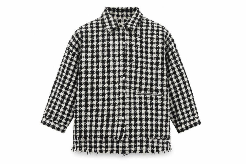 Front view of Zara Women's Black Check Tweed Coat M, Autumn-Winter Essential