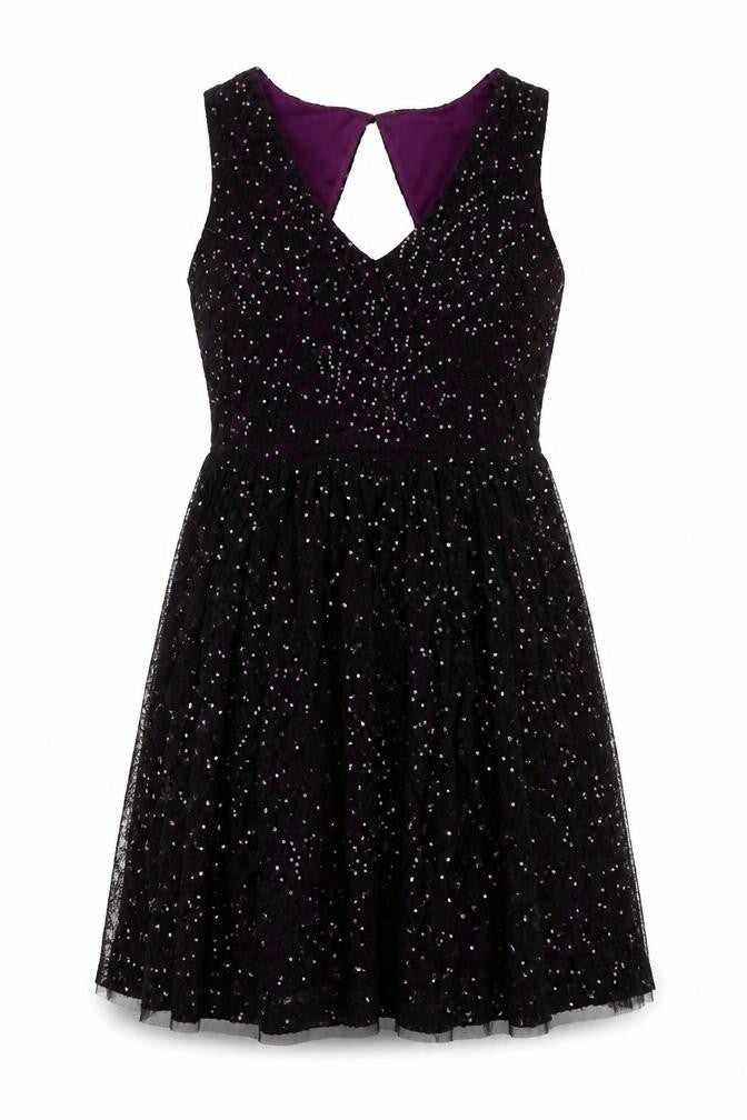 Oasis Women's Black Sequin Fit & Flare Party Dress M