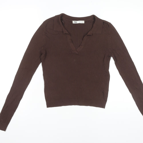 Zara Women’s Brown Long Sleeve V-Neck Knit Top
