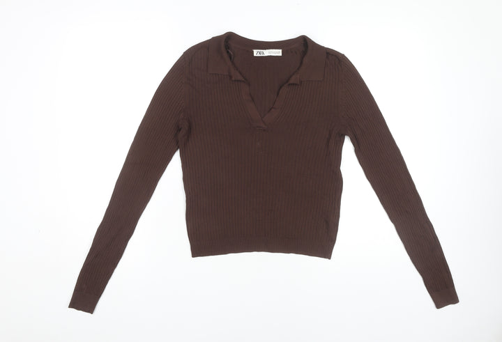Zara Women’s Brown Long Sleeve V-Neck Knit Top