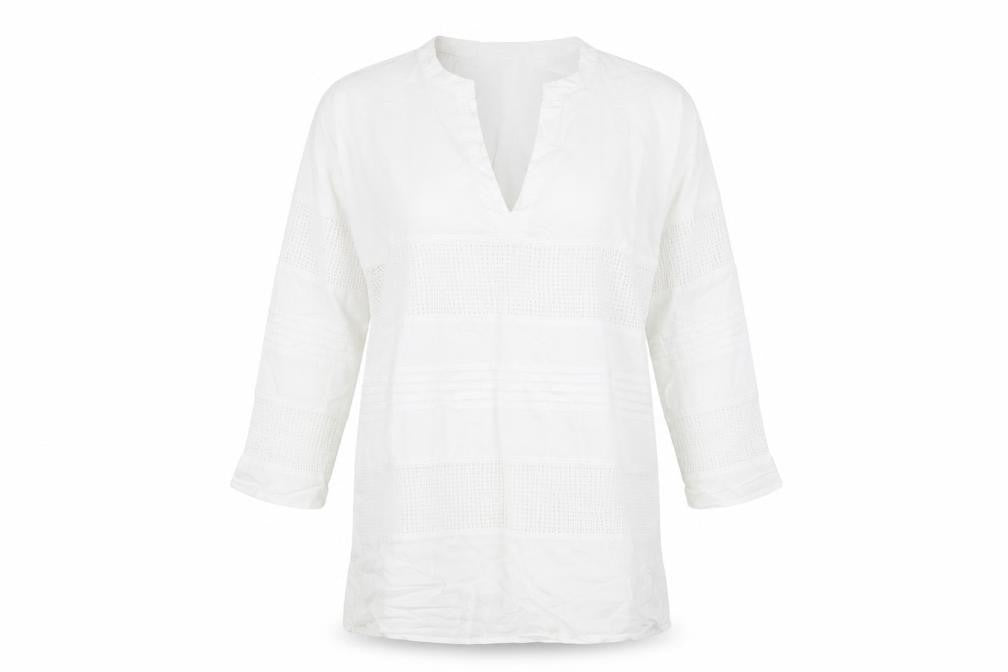 Front view of Zara Women's White Cotton V-Neck Tunic Top S