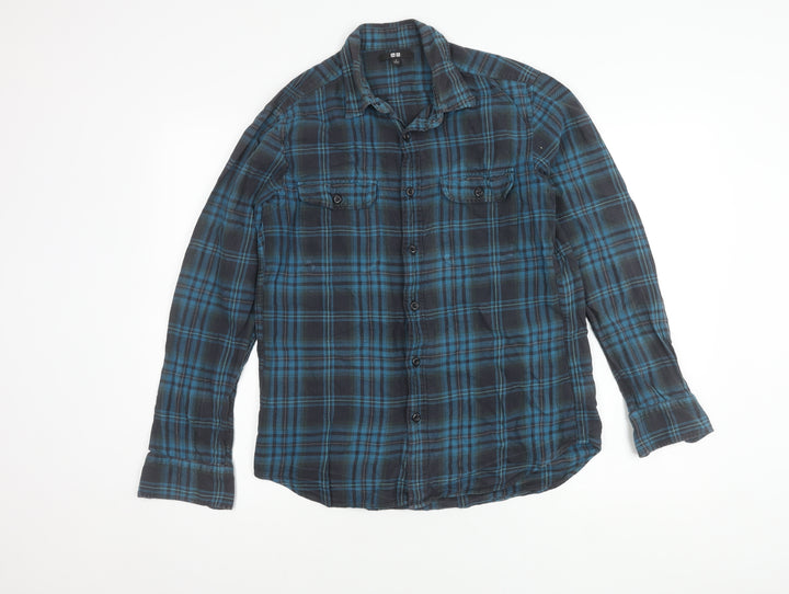 Uniqlo Men's Blue Plaid Flannel Button-Up Shirt S
