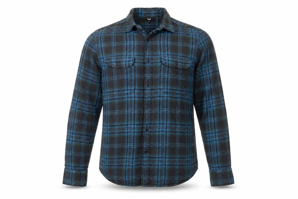 Front view of Uniqlo Men's Blue Plaid Flannel Button-Up Shirt S