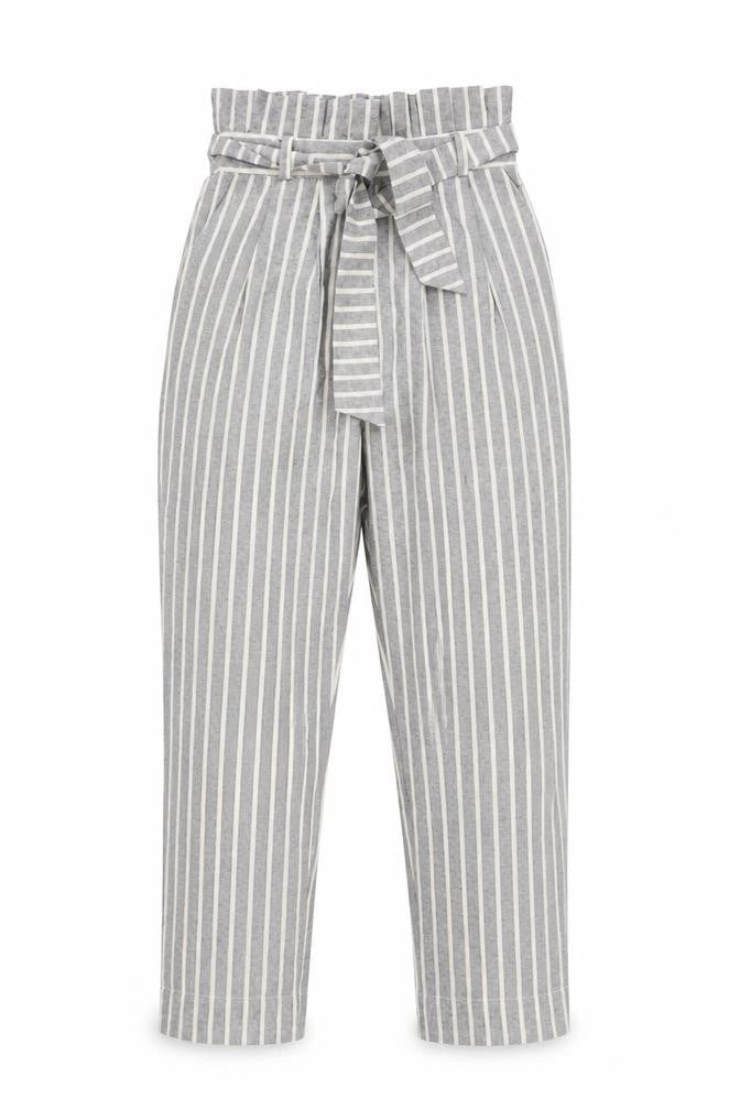 Front view of Topshop Women's Grey Striped Paperbag Trousers, size 6
