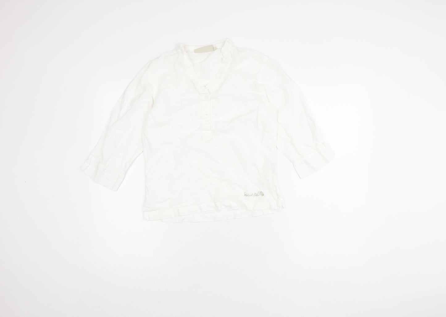 Weird Fish Women's White Cotton Linen V-Neck Shirt S