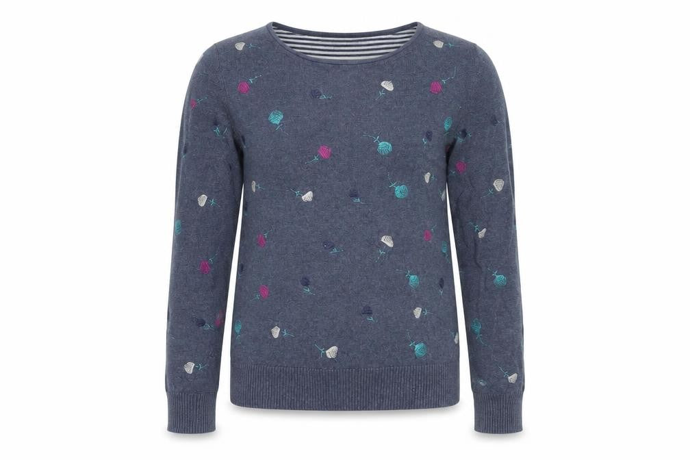 Front view of Knitted for Ewe girls’ blue embroidered jumper 12y