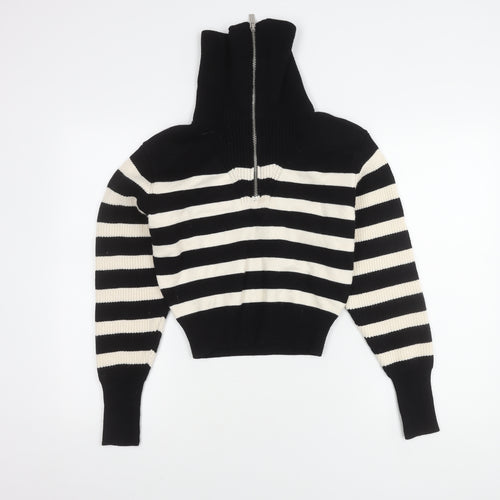 Zara Women's Black Full Zip Striped Jumper S, High Neck
