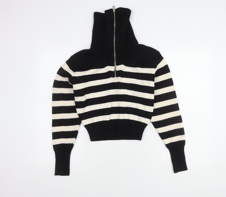 Zara Women's Black Full Zip Striped Jumper S, High Neck