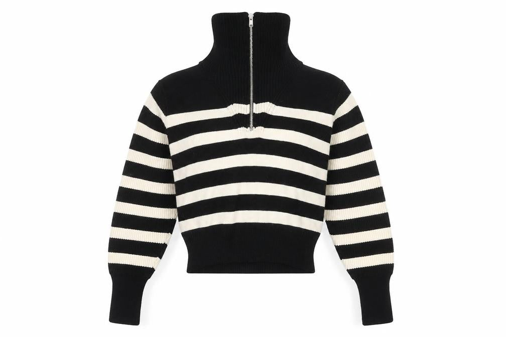 Front view of Zara Women's Black Full Zip Striped Jumper S, High Neck