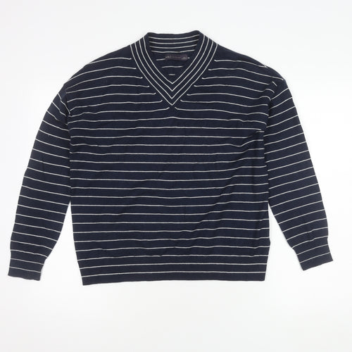 Marks and Spencer Men's Blue Striped V-Neck Jumper - S