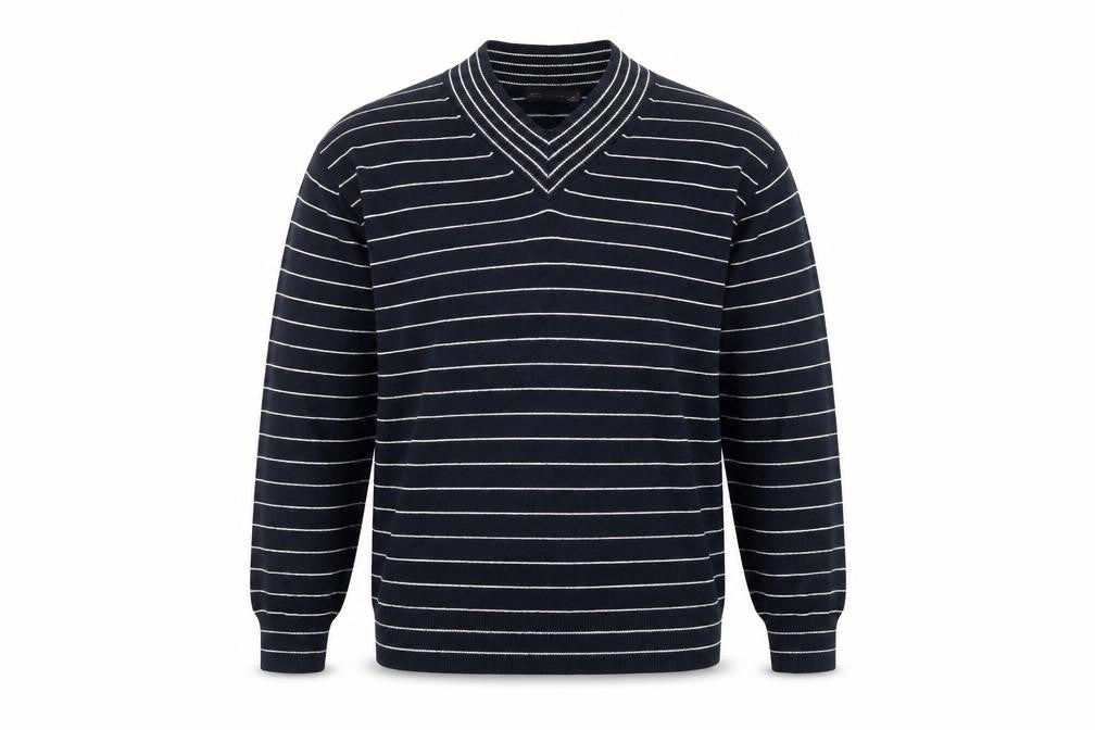 Front view of Marks & Spencer Men's Blue Striped V-Neck Jumper - S