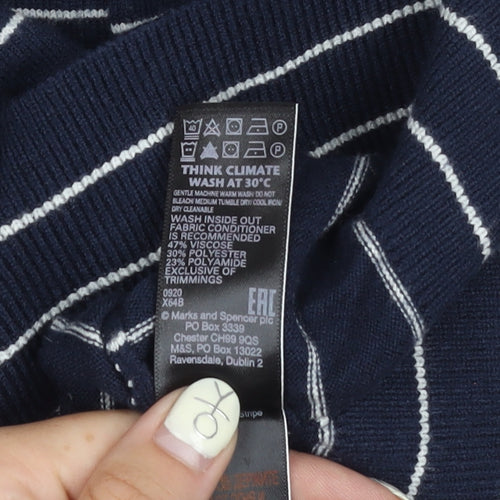 Marks and Spencer Men's Blue Striped V-Neck Jumper - S