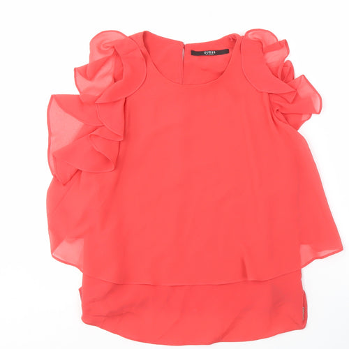 Guess Women's Red Flutter Sleeve Blouse Tunic - S
