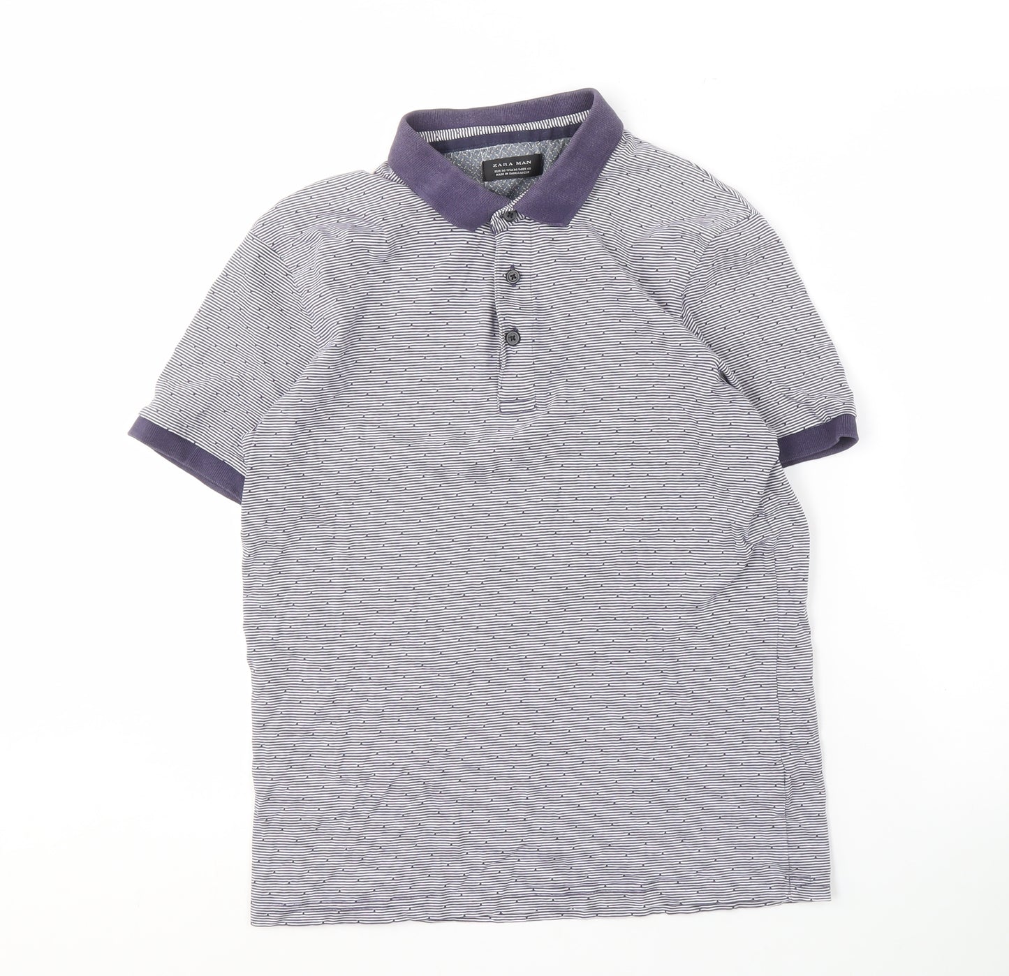 Zara Man Grey Striped Polo Shirt, Men's Medium