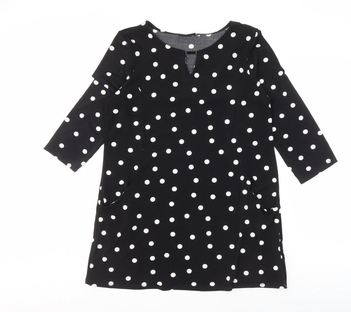 Wallis Women's Black Polka Dot Dress, Size 12, 3/4 Sleeve