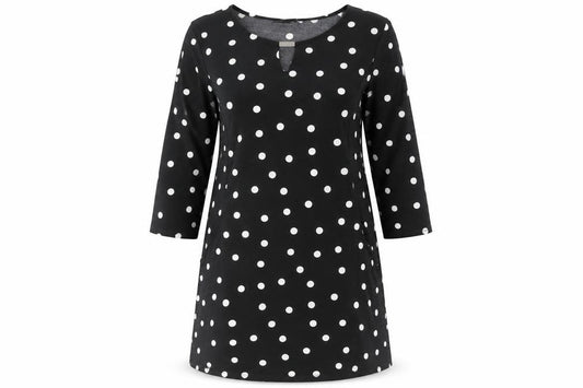 Front view of Wallis Women's Black Polka Dot Dress, size 12, 3/4 Sleeve