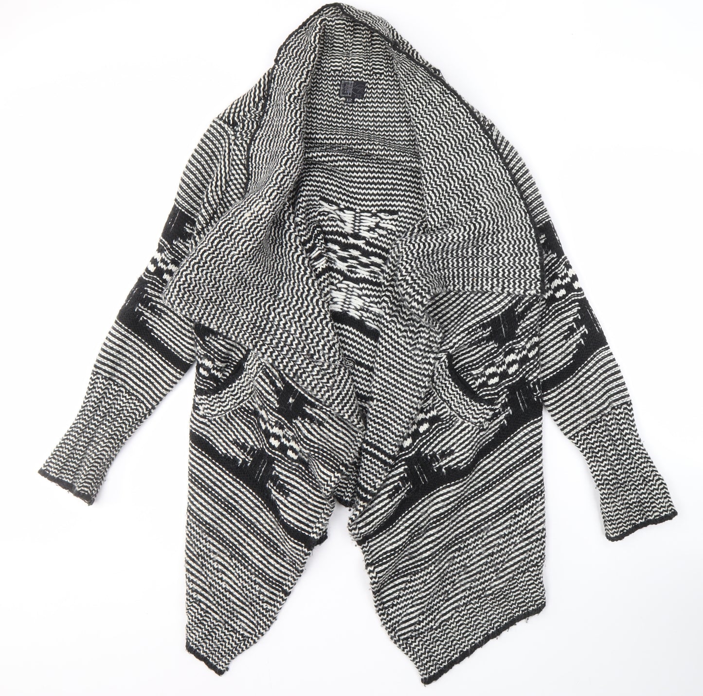 Retrap Women's Black Geometric Open Front Cardigan Size 12