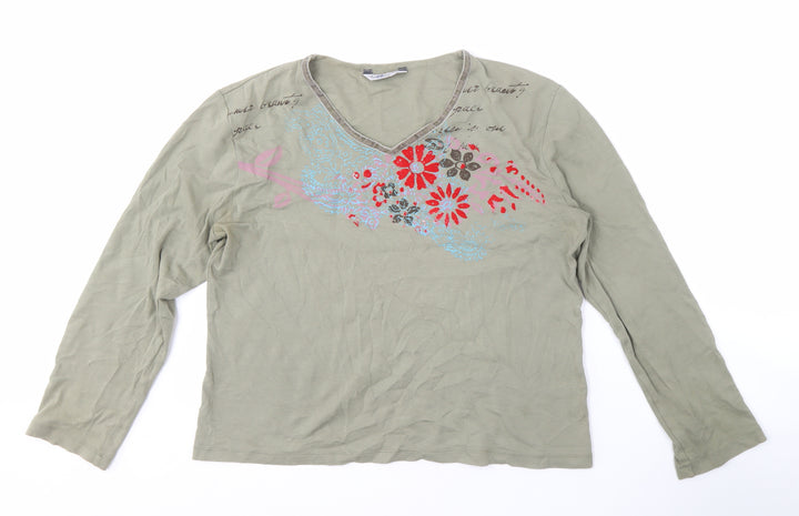 Harmony Women's Green Floral V-Neck T-Shirt XL