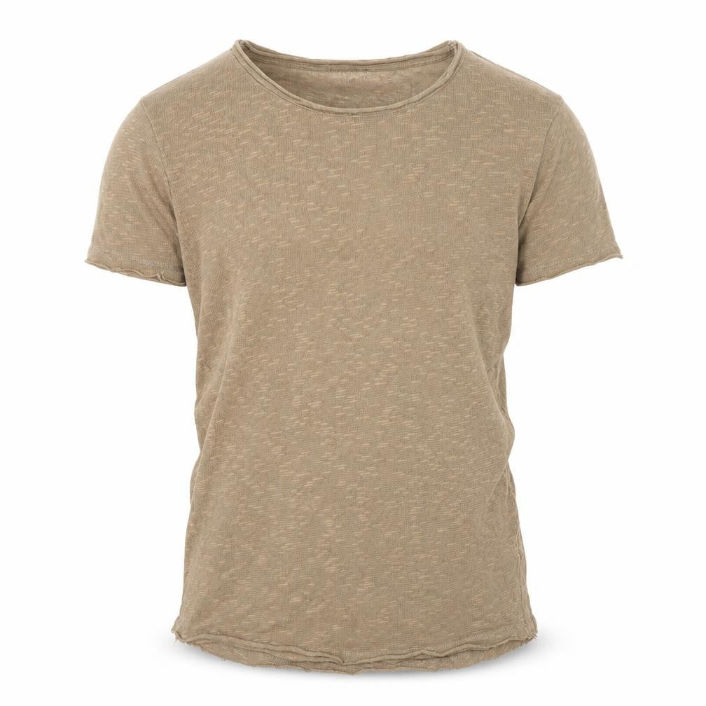 Front view of REVIEW Men's Beige Crew Neck T-Shirt, size M