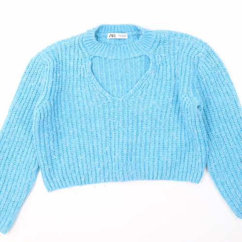 Zara Women's Blue Chunky Knit V-Neck Jumper M