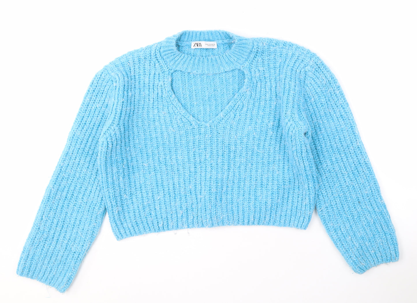 Zara Women's Blue Chunky Knit V-Neck Jumper M