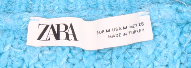 Zara Women's Blue Chunky Knit V-Neck Jumper M