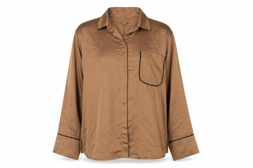 Front view of H&M Brown Satin Nightshirt, unisex m, collared style