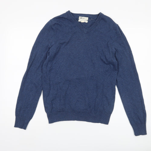 Marks and Spencer Men's Blue V-Neck Cotton Jumper, Size S