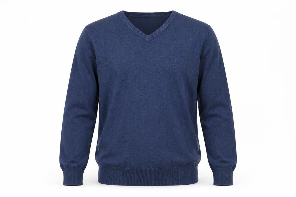 Front view of Marks & Spencer Men's Blue V-Neck Cotton Jumper, size S