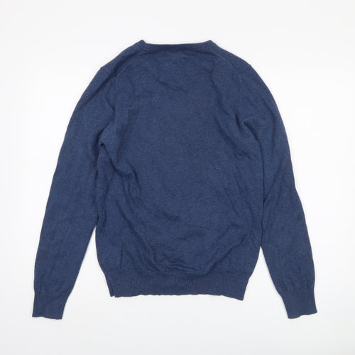 Marks and Spencer Men's Blue V-Neck Cotton Jumper, Size S