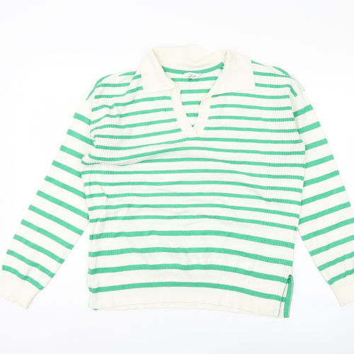 M&Co Women's Green Collared Striped Jumper Size 12