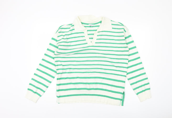 M&Co Women's Green Collared Striped Jumper Size 12