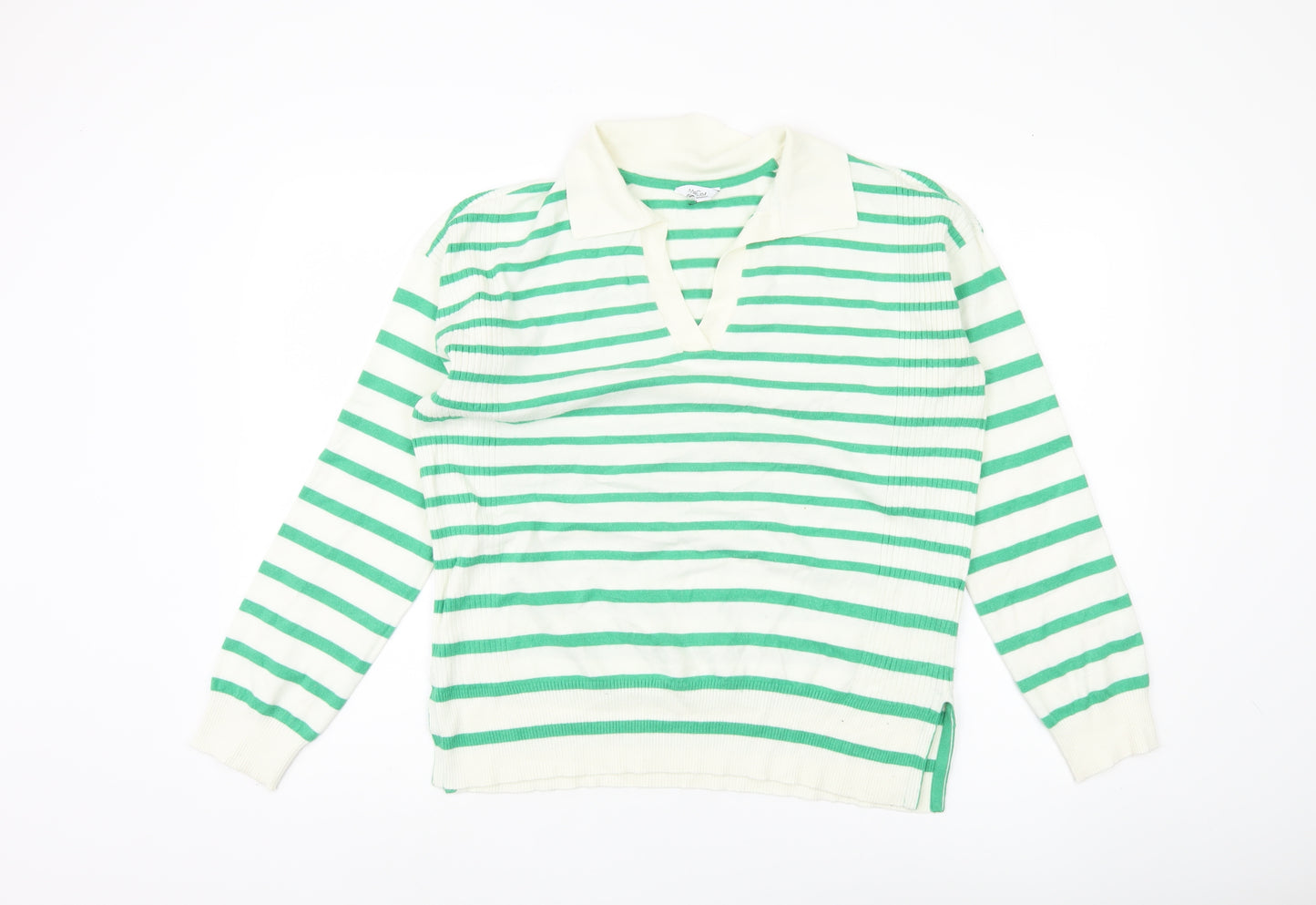 M&Co Women's Green Collared Striped Jumper Size 12