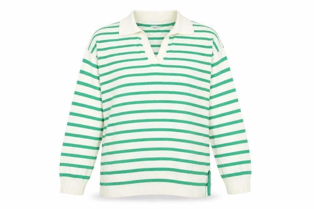 Front view of M&Co Women's Green Collared Striped Jumper, size 12