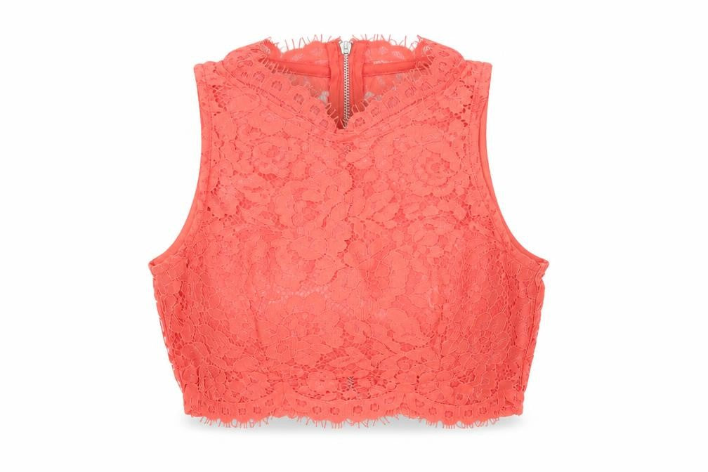 Front view of Topshop Women's Red Crop Lace Blouse, size 8