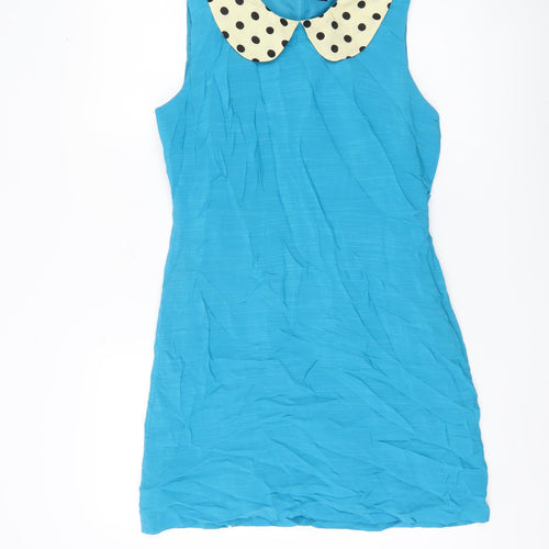 Pop Women's Blue Sleeveless Dress, Polka Dot Collar Size 2
