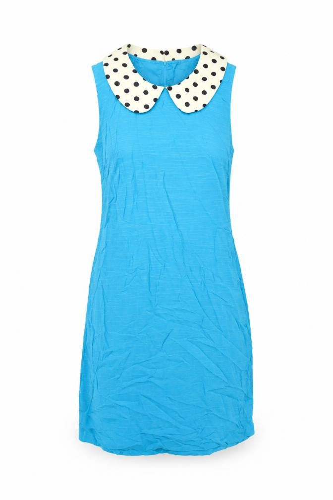 Front view of Pop Women's Blue Sleeveless Dress, Polka Dot Collar, size 2