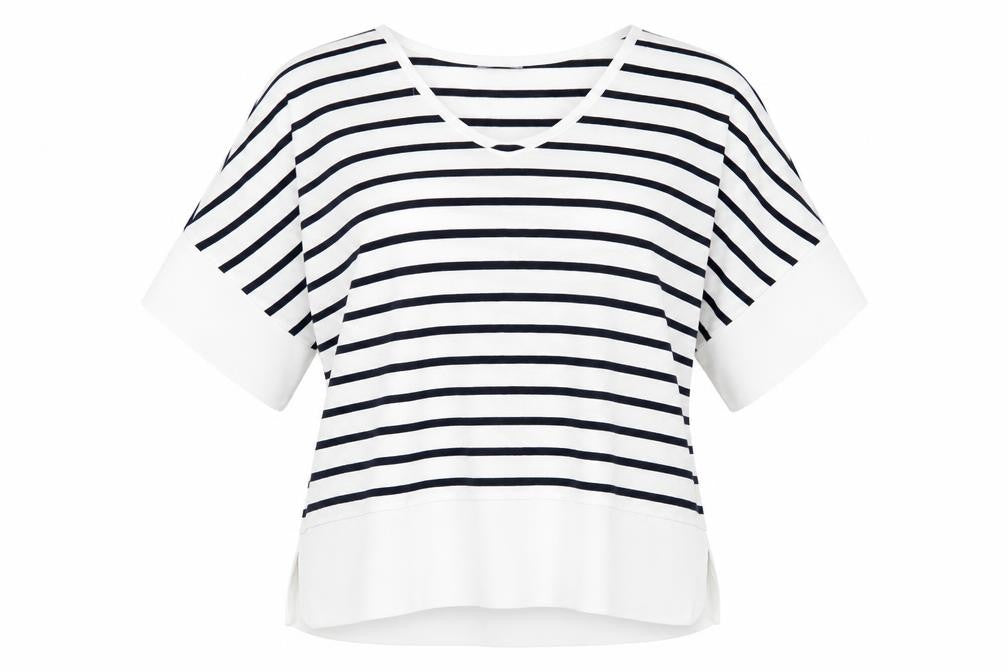 Front view of Zara Women's Striped V-Neck T-Shirt, size 8
