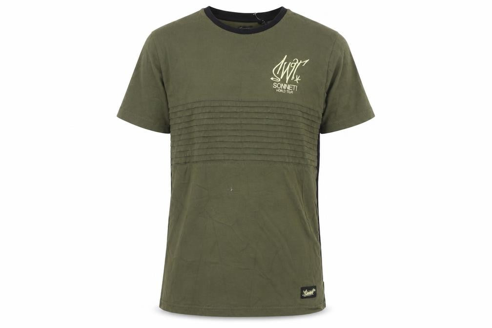 Front view of Sonneti boys’ green black t-shirt 10-12 years pullover style