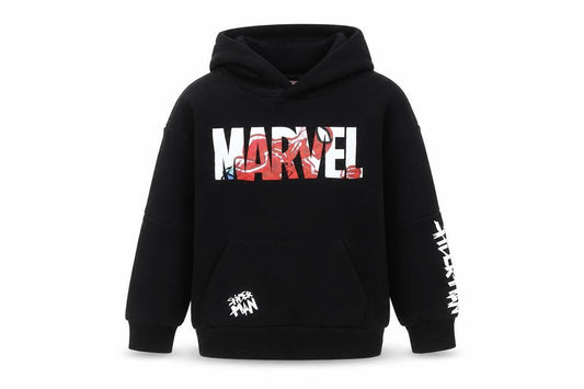 Front view of Primark Marvel boys’ black spiderman hoodie, 7-8 years, pullover style