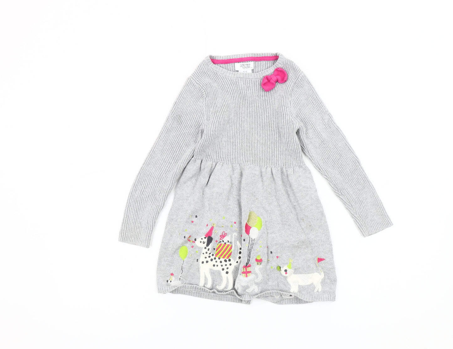 Miss Mona Mouse Girls Grey Animal Print Long Sleeve Dress 3-4 Years