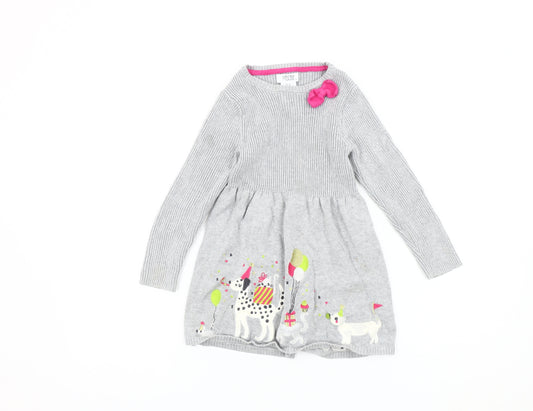 Miss Mona Mouse Girls Grey Animal Print Long Sleeve Dress 3-4 Years
